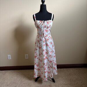 Floral Midi Corset Dress Flowy Lace Up Sundress